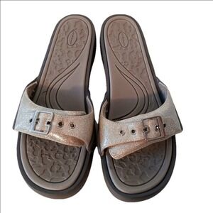 Dr. Scholls Rock On Slide Sandals Womens 10 Gold Silver Glitter Platform